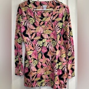 🌸Chico’s Tropical Multi Pink Linen Side Slits Long Sleeves Lightweight Tunic M